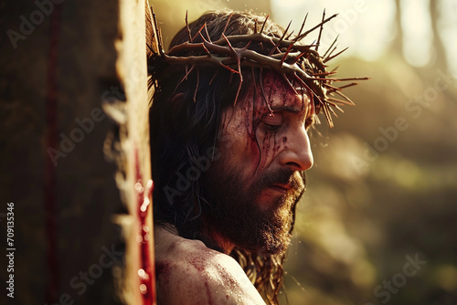 Jesus Christ crucyfied wearing crown of thorns Passion and Resurection. Good Friday. Generative AI
