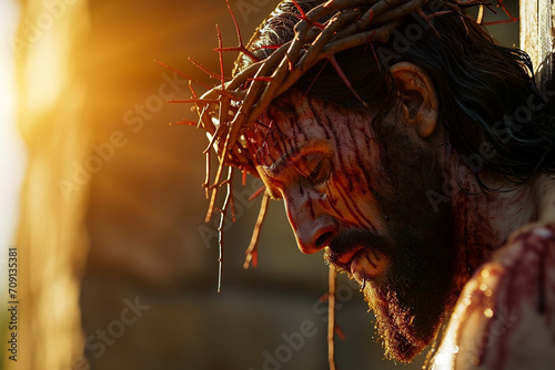 Jesus Christ crucyfied wearing crown of thorns Passion and Resurection. Good Friday. Generative AI photo