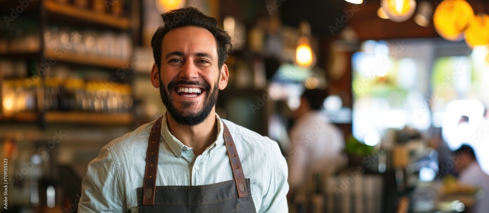 Obraz premium Cheerful staff member excelling at social gathering, self-reliant and leading.