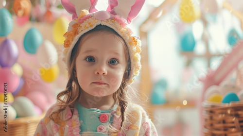  A child wearing an adorable Easter bunny costume, surrounded by festive decorations and painted eggs, the HD camera capturing the cuteness and charm of the festive celebration