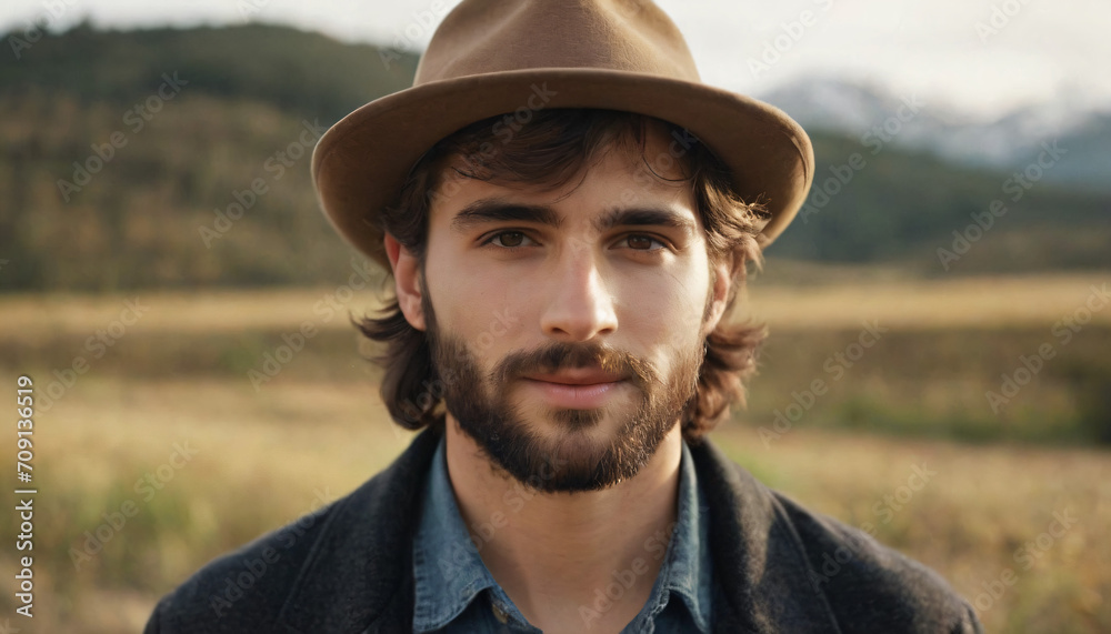 Young Charismatic Man with Grey Eyes, Tousled Hair, Brown Hat, and Sunglasses in Field - Friendly Smile and Stylish Hat Portrait
