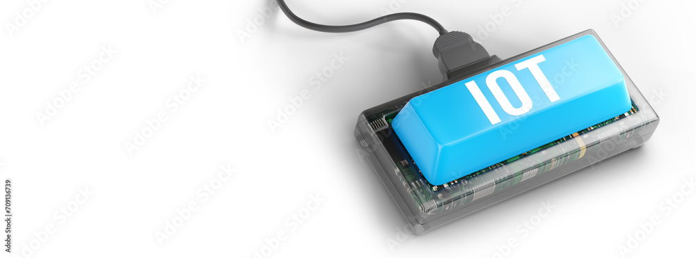 Internet of things - IOT concept. Businessman offer IOT products and solutions. The future of technology. Virtual screen of the future with the inscription: IOT. 3d illustration Internet of things - IOT concept. Businessman offer IOT products and solutions. The future of technology. Virtual screen of the future with the inscription: IOT. 3d illustration