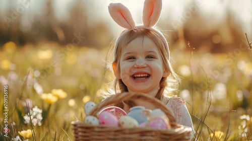 A little one delightfully holding a basket filled with colorful Easter eggs, surrounded by festive decorations, the HD camera capturing the innocence and happiness of the Easter celebration