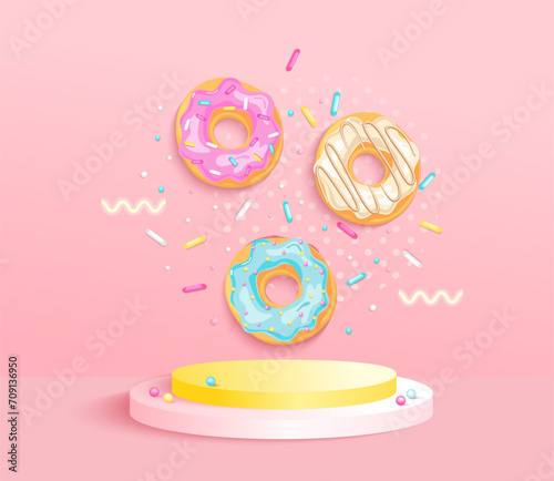 Sweet display podium with donuts for sweets promotion.Round pedestal for advertise kids products or cosmetic. Template for promo poster,banner,presentations, web. Vector illustration