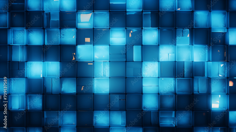 Abstract background of neatly arranged blue square geometric shapes.