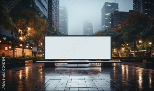Blank white horizontal billboard in the street. Mockup advertising board, digital display, showcase with urban background