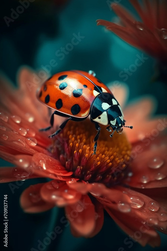 Ladybug on the flower, realistic photography, dynamic background created with Generative Ai