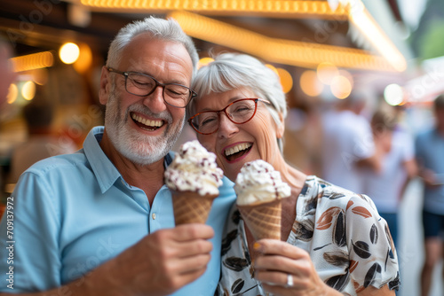 Cheerful seniors having fun at the amusement park. Senior couple in prater park eating ice-cream. Age is just a number. Happy Senior couple eating ice cream cones photo