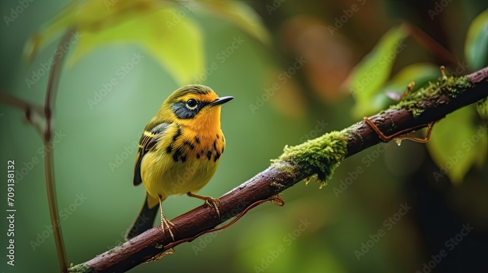 black and white Blackburnian Warbler (Setophaga fusca) perched on a mossy stump
