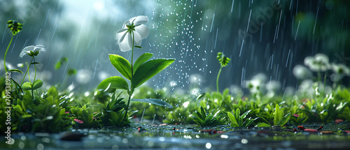Plant saplings growing scene during rain season, Arbor Day concept illustration