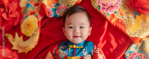 Happy Asian baby in Chinese traditional dress on bed. Chinese new year concept.