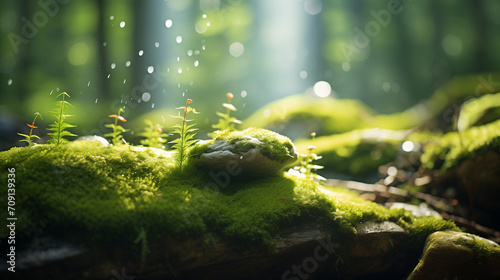 Flora bokeh in the woods: a heavily-detailed and real photo of moss growing on a stone, sunlight falling from behind, Canon EOS. Ideal for wallpapers, Backgrounds, and High-Quality Prints