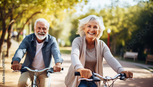 Cheerful active senior couple with bicycle in public park together having fun lifestyle. Perfect activities for elderly people. Happy mature couple riding bikes, bicycles in park © Art