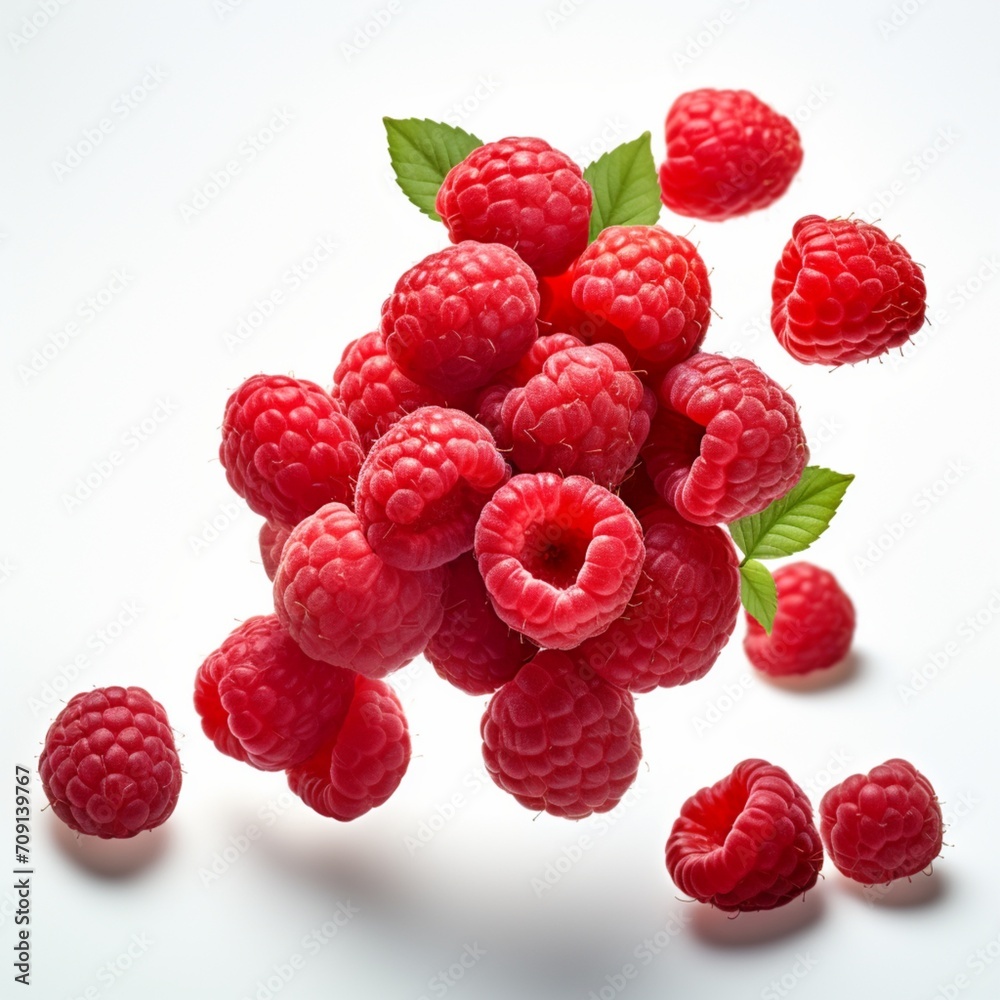Tumbling raspberries white background - Generative AI Tumbling raspberries white background - Generative AI
