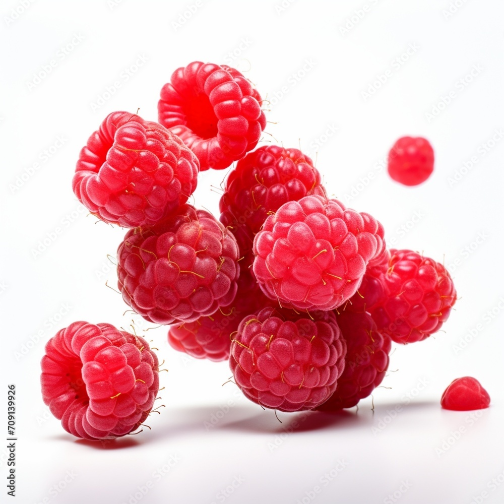 Tumbling raspberries white background - Generative AI Tumbling raspberries white background - Generative AI