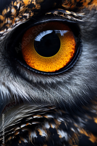 Beautiful photo of a fierce majestic owl’s eyes, extreme macro close up of an eye created with Generative Ai © Andrii Yablonskyi