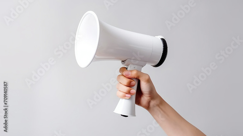 Hand holding megaphone over white background 