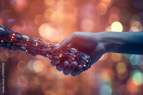 Handshake human and robot on electronic bokeh background 