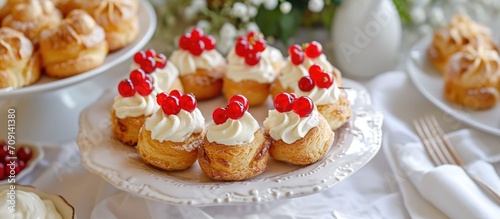 Round choux pastries filled with white custard and decorated with red currant berries on a dessert table with creme, napkins, and a white tablecloth. photo