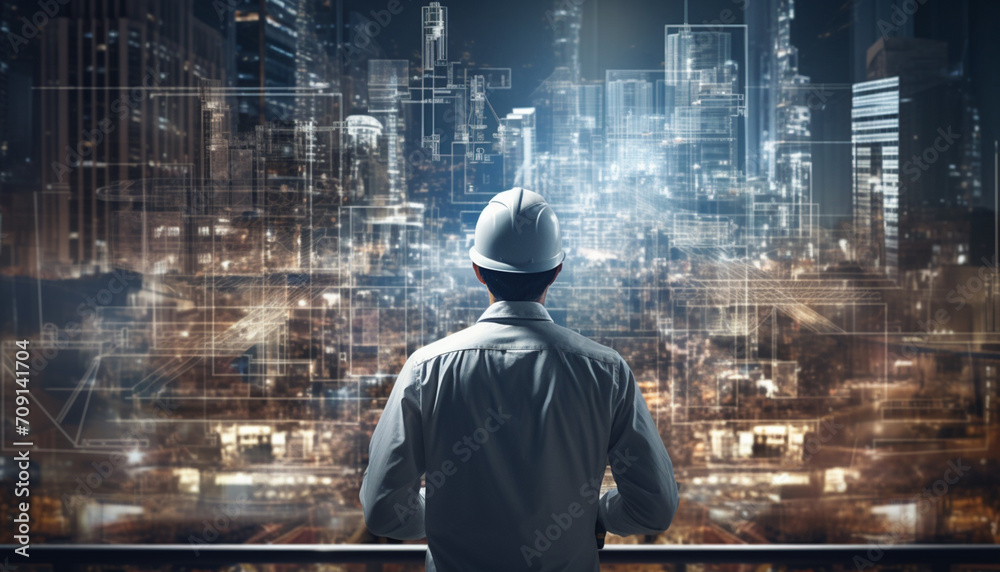 Closeup of male person, architect or engineer is working on technology display or mock up space in the city