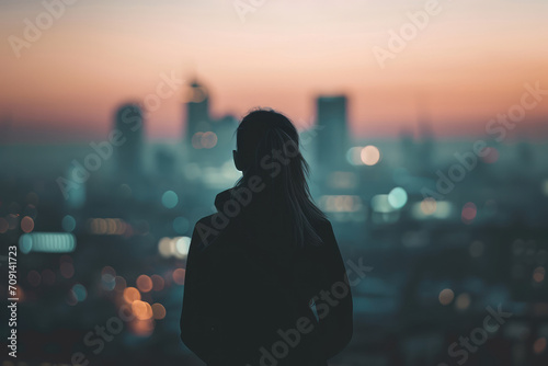 Silhouette Against City Skyline - A silhouette of a person or group set against a dramatic city skyline, creating a striking contrast - AI Generated
