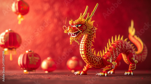 Chinese dragon 3d illustration, traditional festival Spring Festival red background 3d rendering concept illustration