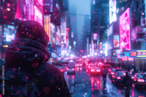 Retro Cyberpunk Street Scene - A bustling urban street scene depicted with a retro-futuristic cyberpunk aesthetic - AI Generated