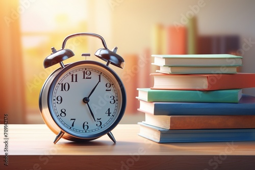 Alarm clock and book on wooden table in morning time with sunlight