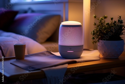 Modern smart speaker and book on the bed in the bedroom at night