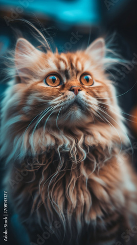 a fluffy orange long haired cat, macro lens and tilt-shift camera angle created with Generative Ai