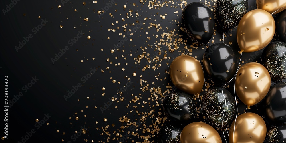 Fototapeta premium Celebration banner with golden confetti and balloons