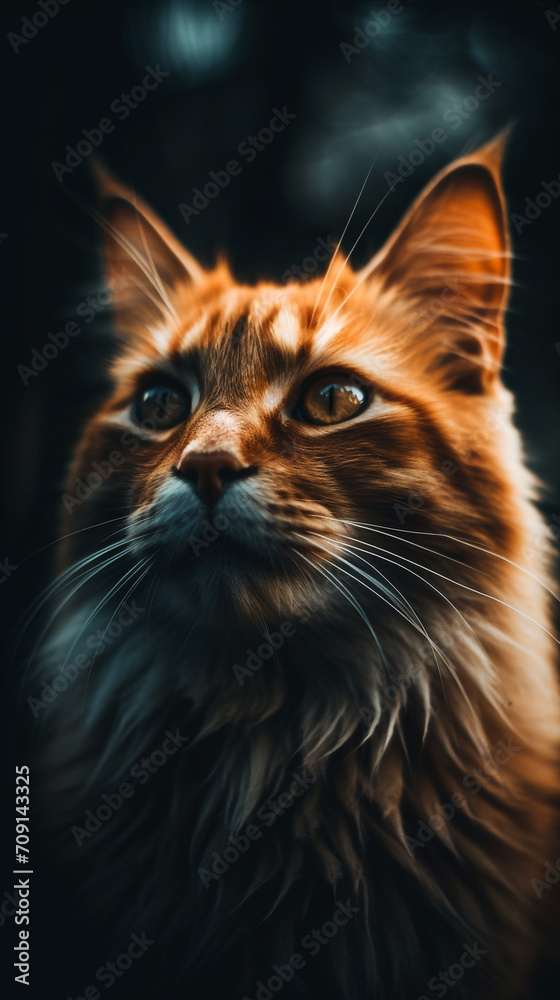 a fluffy orange long haired cat, macro lens and tilt-shift camera angle created with Generative Ai