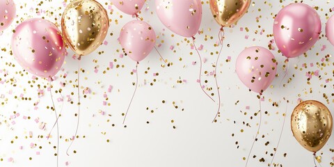Celebration banner with golden confetti and balloons