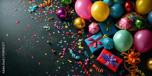 Colorful birthday gifts and balloons lay on a black background