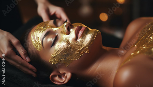 Cosmetologist creating gold foil face mask for woman's spa treatment