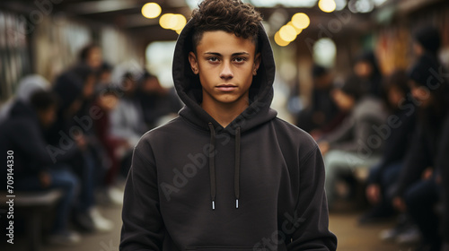 
Latino teenager with black hoddie in alley with his friends. Gang of young people on the city street. Concept of teenage problems, gangster, gangs, drugs, street crimes, problematic young people. photo