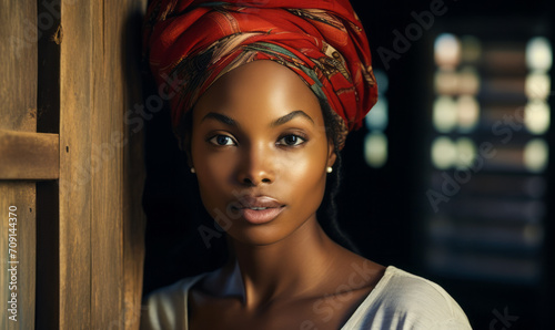 Serene African Woman with Striking Eyes Wearing a Red Headwrap Peering Soulfully from a Rustic Abode photo