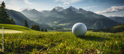 a golf ball on grass with mountains in the background