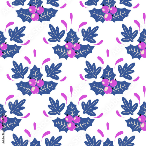 Vector seamless Christmas pattern with holly, berries and snowflakes, festive New Year winter backdrop 