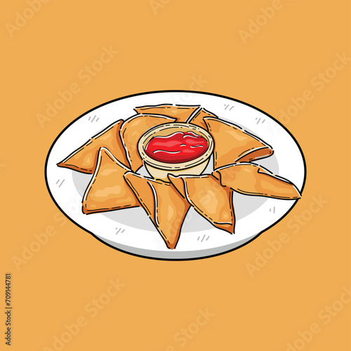 vegetables stuffed deep fried snack very popular street food samosa in a plate with sauce illustration vector design