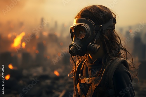 Little girl in a gas mask standing against a background with smoke and fire