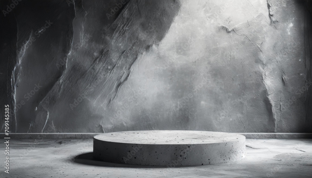 A minimalist, elegant circular concrete podium bathed in soft light, set against a textured concrete backdrop. Ideal for product display, showcasing art or luxury items.