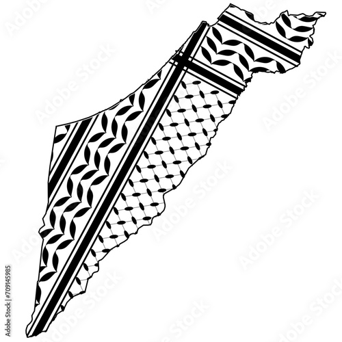 Palestine Map With Keffiyeh Pattern Design symbol of Resistance and Freedom Black and White Vector Art isolated on white
 photo