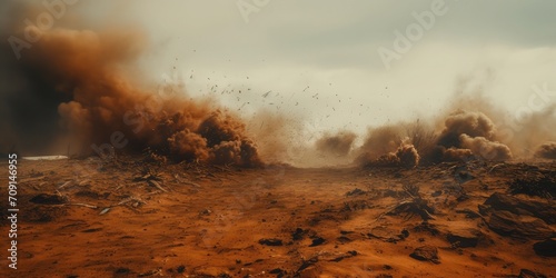 Wasteland with explosions and dust flying around hyper realistic 35mm low angle 