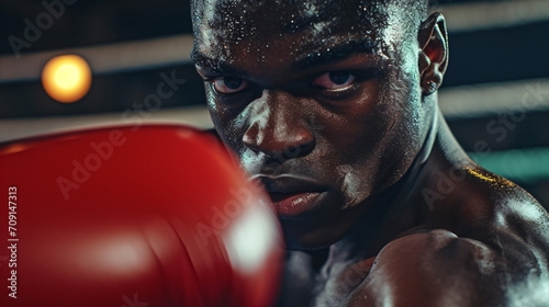 Isolated black boxer with gloves boxing fighting in the corner - cinematic epic bokeh  © BeautyStock