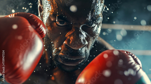 Isolated black boxer with gloves boxing fighting in the corner - cinematic epic bokeh 