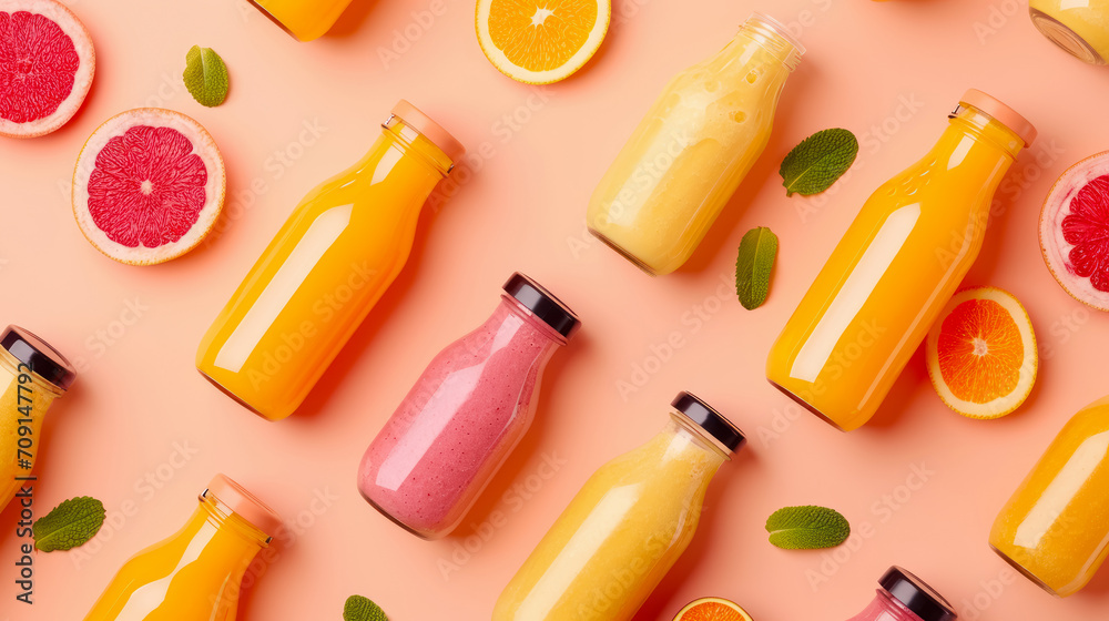 top view, assorted smoothies in bottles with fruits - obrazy, fototapety, plakaty 