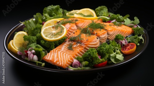 Delicious salmon fillet with fresh vegetables on the plate