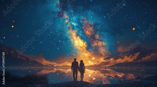 A couple in love holds hands and looks at the endless starry sky and the milky way, walking into the future together. A bright star illuminates its path photo