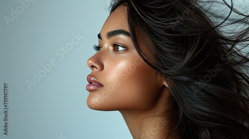 Portrait of a Beautiful sensual young indian woman with long black hair in profile for hair care advertising, nair salon photo
